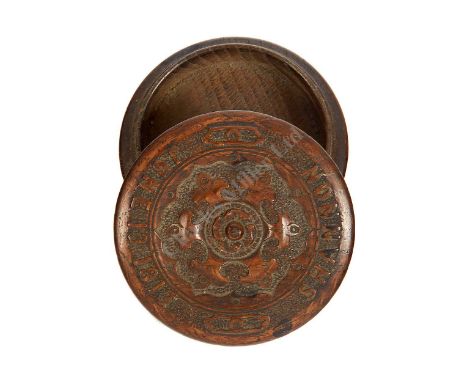 A SNUFF BOX CARVED FROM SHANNON TREEN, the lid carved with a rose-type design and inscribed around the edge SHANNON / JUNE 13