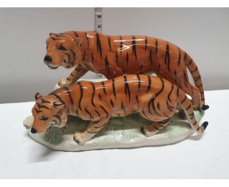 A large mid-century ceramic West German Tiger figural group approx 41x20cm, shipping unavailable