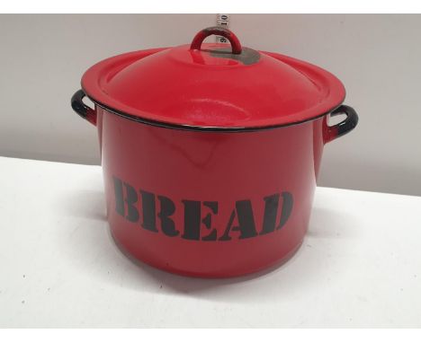 A vintage red enamel bread bin, shipping unavailable