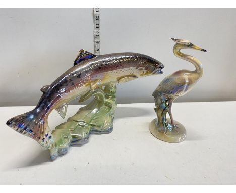 A Belgium ceramic lustreware Salmon (L45cm) and Herron figurine, shipping unavailable