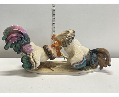 A Dresden style ceramic fighting cock scene L55x27cm, shipping unavailable