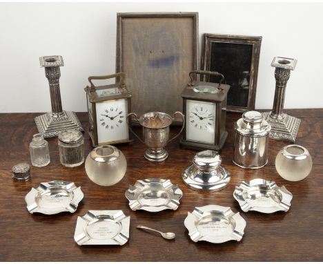 Collection of silver to include: Pair of Corinthian column candlesticks on square bases, two brass cased carriage clocks, sil