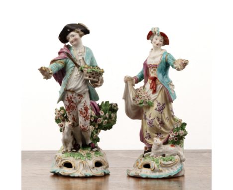 Pair of Derby porcelain figures Shepherd and Shepherdess, with handpainted and gilt decoration, patch marks to the base, othe