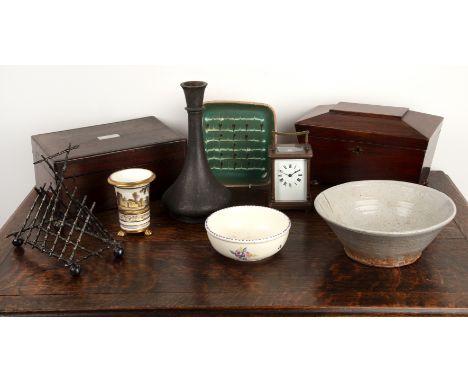 Group of piecesincluding a mahogany tea caddy, 26cm wide, a rosewood and inlaid box,25cm, a bidri ware vase, 24cm, an English