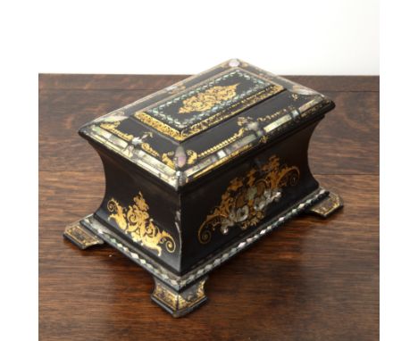 In the manner of Jennens and Bettridge lacquered and painted tea caddy with abalone shell inlay, of waisted rectangular form,