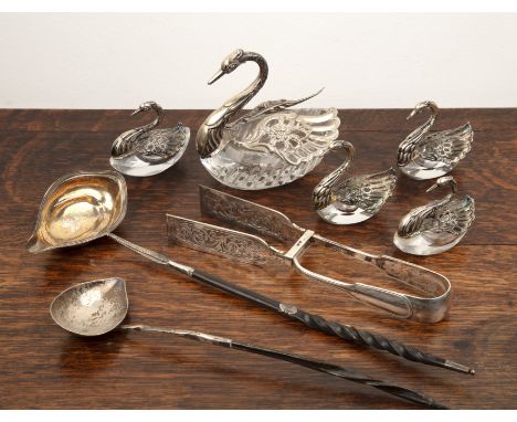 Collection of silver and silver plate comprising a set of five cut glass swan salts or trinket boxes, with siler plated adjus