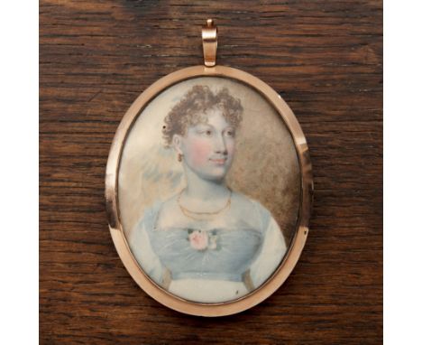 19th Century Schoolminiature oval portrait of a blushing lady, in a sky-blue and white dress, with gold jewellery, painted on