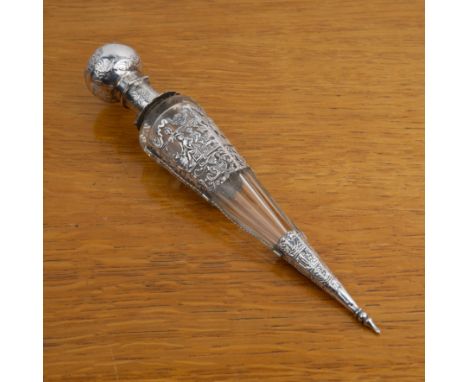 Dutch conical scent bottle19th Century, facet cut glass with unmarked silver repoussé lid and overlaid decoration, with glass