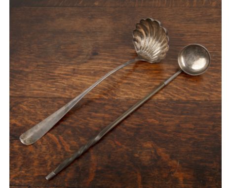 Possibly George II Scottish silver ladlewith indistinctly engraved crest to the back of the finial, marks partially rubbed, 3