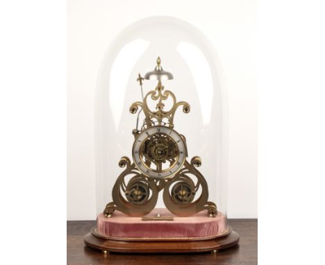 Brass skeleton clockVictorian style with scroll plates, silvered Roman chapter ring, twin chain fusee movement, striking the 