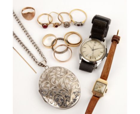 Collection of jewellery comprising: two watches, a silver locket on chain, a full hoop dress ring, a 9ct gold fine link brace