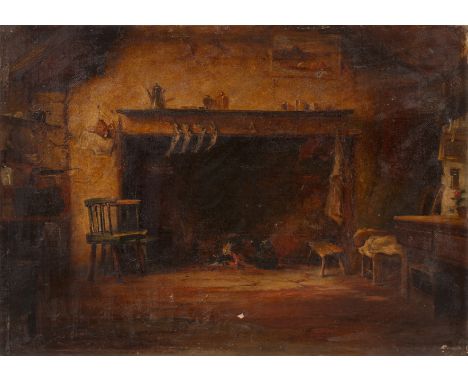 E Smith (19th Century English School) 'Folk Art interior scene of a seat by the fireplace', oil on canvas, signed lower right