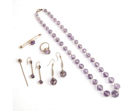 Collection of amethyst jewellery comprising a facet cut beaded necklace, the clasp stamped '9ct', a pair a facet cut ball bea