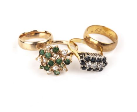 Group of four ringscomprising 22ct gold band, size J/K, 4g approx overall, a 9ct gold band, size J, 3g approx overall, an yel