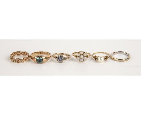 Collection of gold rings comprising an 18ct gold plain band, size O, 3g approx overall, a yellow metal and pearl ring stamped