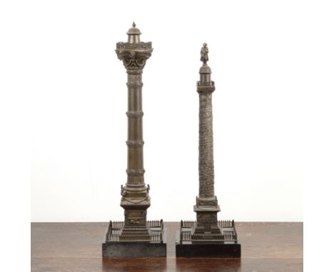 Two grand tour style models bronze on square pedestal bases, one of Trajan column, 45cm high overall, the other of the July c