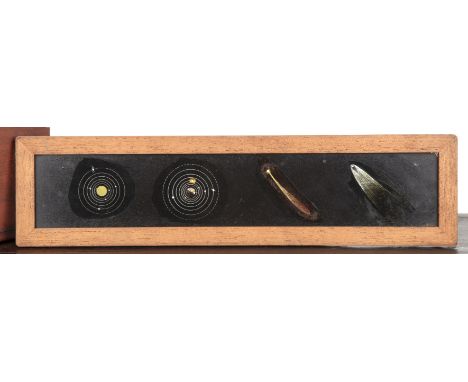 Set of Astronomy magic lantern slides in fitted case, including strip slides and a mechanical lever animated magic lantern sl