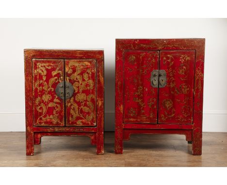 Two lacquered cupboards Chinese, scarlet and gilt leaf scroll fronts with brass lock plates, 56cm wide x 76cm high and 50cm w