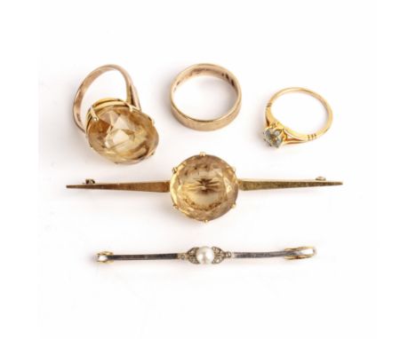 Collection of jewellery comprising an unmarked precious yellow metal ring with pale blue facet cut stone, size G/H, a unmarke