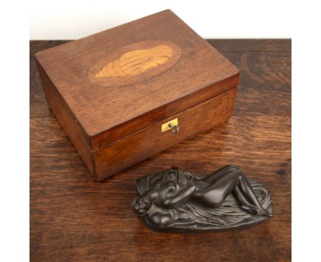 Mahogany and inlaid writing box25cm wide and a bronze recumbent nude marked J Pradier, 20cm  At present, there is no conditio