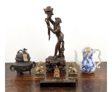 Group of pieces Chinese and Japanese, including a carved figure, 40cm high, a Chinese bronze censer, 16cm high, a boxwood fig