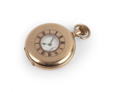 9ct gold half hunter pocket watchby Dennison Watch Case Co Ltd, the outer case with enamel Roman numerals, the white enamel d