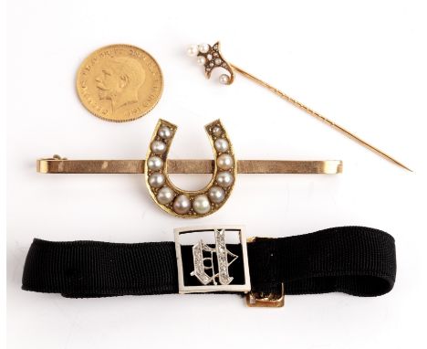 Collection of jewellery comprising a small diamond letter 'P' panel bracelet, set into unmarked precious metal on a ribbon ba