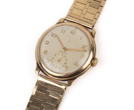 Zenith 9ct gold wrist watchthe silvered dial with Roman numerals and subsidiary dial with baton markers, on a 9ct gold bracel
