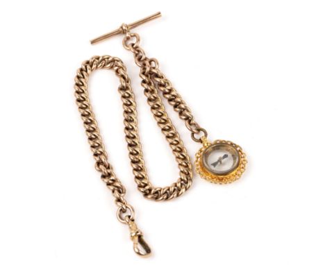 9ct gold albert or watch chain with T-bar and a 9ct gold mounted miniature compass, overall weight 24g approx overall   Chain