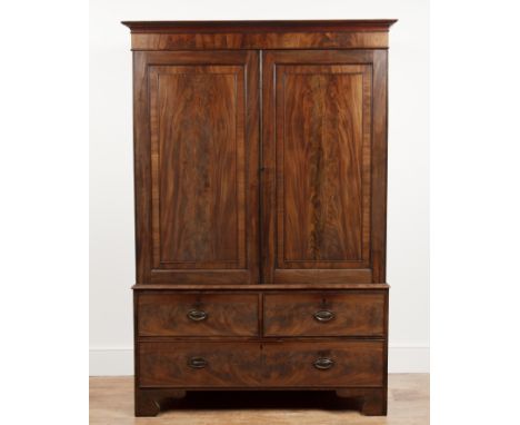 Mahogany linen press19th Century, with original interior shelves, and drawers to the base, 128cm wide x 188cm high x 63cm dee