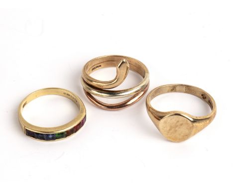 Three rings comprising a 9ct gold signet ring, size Q/R, 4g approx overall, an 18ct gold channel set multi gemstone 'rainbow'