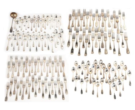 Collection of silver flatware comprising a large part matched set comprising pair of ladles, six large serving spoons, seven 