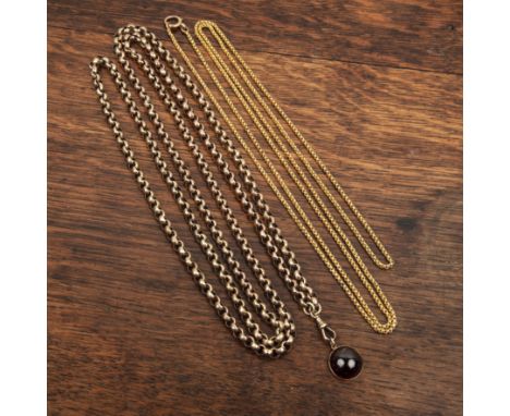 19th Century belcher link chainone of the links stamped '9c', with facet cut style links, with cabochon garnet fob, 55g appro
