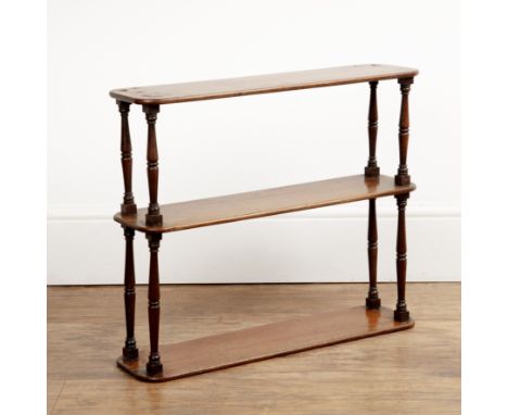 Mahogany three tier open wall shelf Victorian, with turned supports, 59cm wide  At present, there is no condition report prep