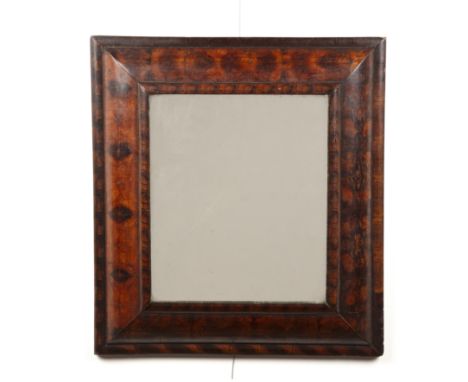 William and Mary laburnum oyster veneered cushion moulded mirror with plain mirror plate, 59cm x 54cm  Overall signs of age, 