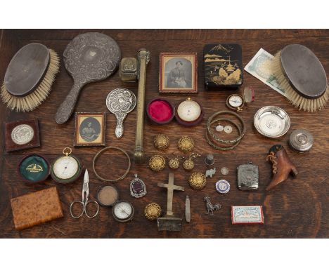 Mixed group of silver and other itemsto include a cased pocket compass, a Negretti & Zambra cased pocket barometer, butt wood