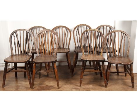 Harlequin set of eight stick-back country dining chairsto include William Birch, High Wycombe, 1914 and A&F. Howland, with el