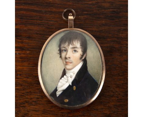 19th Century Schoolminiature oval portrait of a gentleman in a navy jacket, painted on panel (likely ivory), unsigned, 7.5cm 