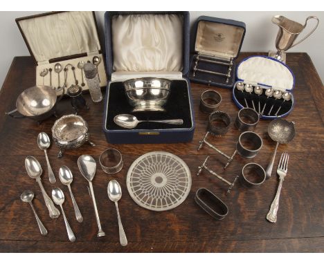 Group of various silver to include: cased bowl and  spoon, table salt, decanter label, napkin ring, snuff box, spoons, cased 
