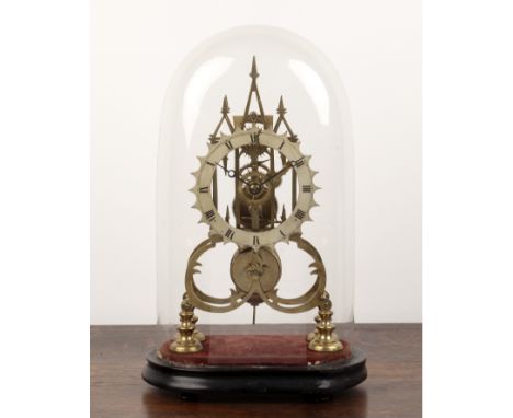 Skeleton timepiece, Victorian, with sprocket Roman chapter ring, single fusee movement upon an ebonised base and glass dome. 