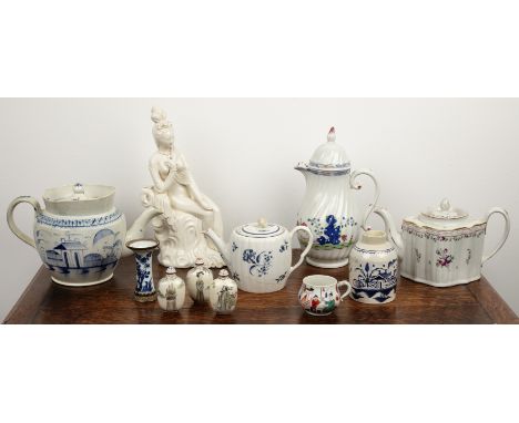 Group of chinaincluding a Chinese model of Guanyin, 30cm high, three enamel snuff bottles, three teapots including Worcester,