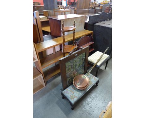 A pine wall shelf, embroidered firescreen, stool, a copper warming pan, a bookcase, corner whatnot and a stool 
