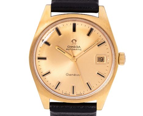 OMEGA Genève Ref. 166041 Herrenarmbanduhr von 1969. Edelstahl vergoldet. Neues Lederband uns vergoldetes Edelstahlersatzband 