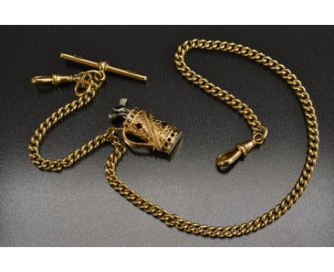 An 18ct gold fine link Albertina chain, suspending a 9ct gold garnet set golf bag charm, Tbar terminal, 40cm long, 47.6g gros