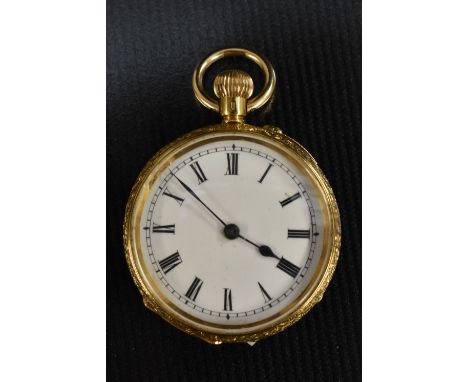 A lady's 18ct gold open face pocket watch, white enamel dial, bold Roman numerals, minute track, spade hands, button wind mov