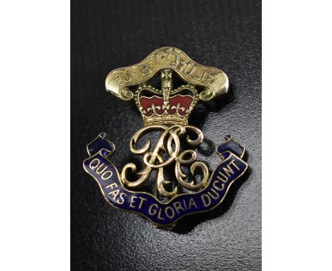 Military Interest - a 9ct gold and enamel regimental badge, Royal Engineers, Ubique above crown, RE initials, Quo Fas Et Glor