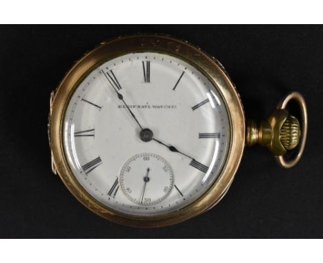 An Elgin National Watch Company 14ct rolled gold capped open face pocket watch, white enamel dial, Roman numerals, minute tra