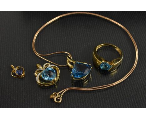 A Gems Tv blue topaz and diamond pendant necklace, 9ct gold mount and chain,  others similar; Heart pendant, 9ct gold mount; 