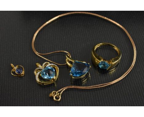 A Gems Tv blue topaz and diamond pendant necklace, 9ct gold mount and chain,  others similar; Heart pendant, 9ct gold mount; 