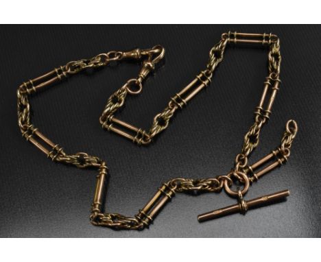 A 9ct rose gold fancy Trombone link double Albert chain, tbar top, compression loop terminals, 47cm long,  58.5g